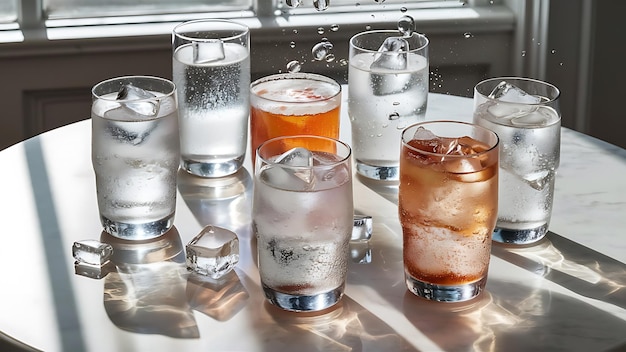 Glasses of different refreshing soda water with ice cubes on white marble table