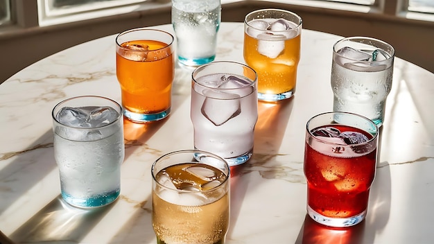 Glasses of different refreshing soda water with ice cubes on white marble table