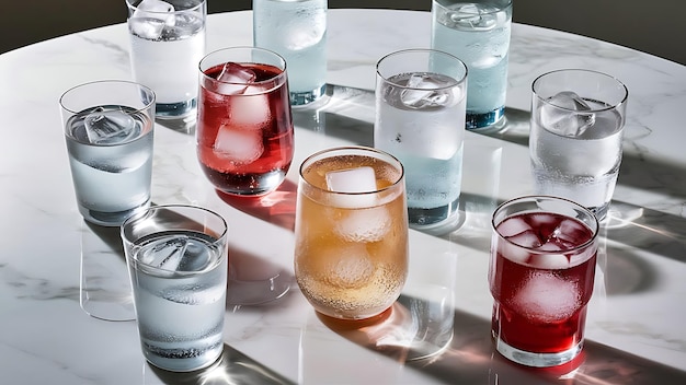 Glasses of different refreshing soda water with ice cubes on white marble table