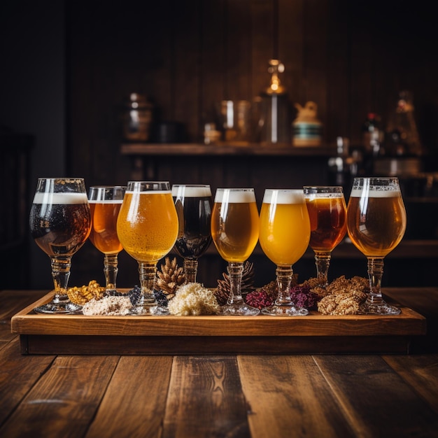 Glasses of different types of craft draught beer on wooden bar Draft beer in pint glasses in pub