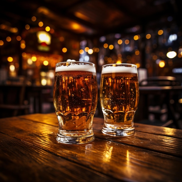 Glasses of different types of craft draught beer on wooden bar Draft beer in pint glasses in pub