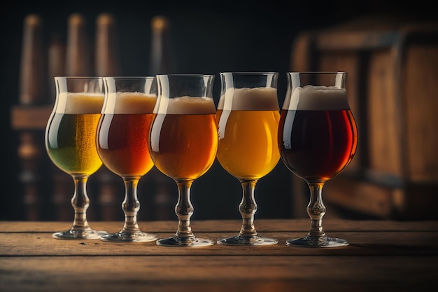 Glasses of different types of draught beer in a pub Illustration Generative AI