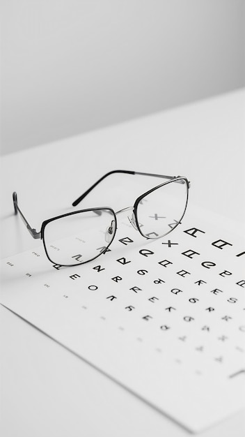 Glasses and eye chart on white background