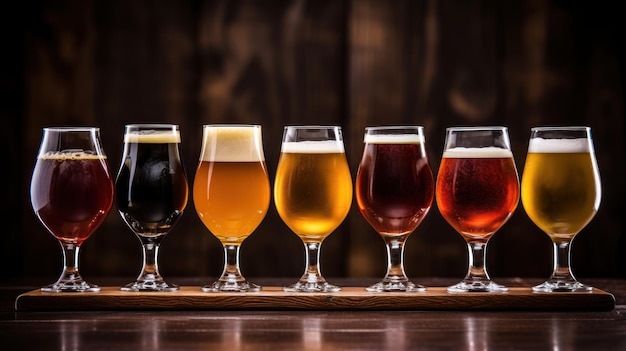 Glasses filled with craft beer resting on a wooden bar