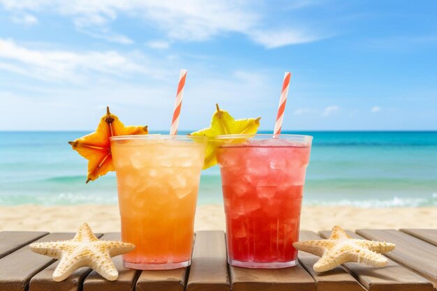 Glasses of fresh drinks decorated with citrus and sliced orange starfish