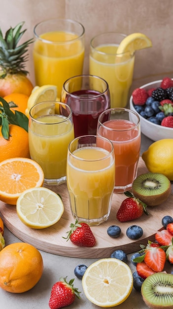 Glasses of fresh juice and fruits