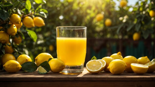 Glasses of fresh lemon juice on wooden table