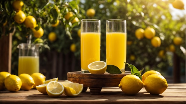 Glasses of fresh lemon juice on wooden table