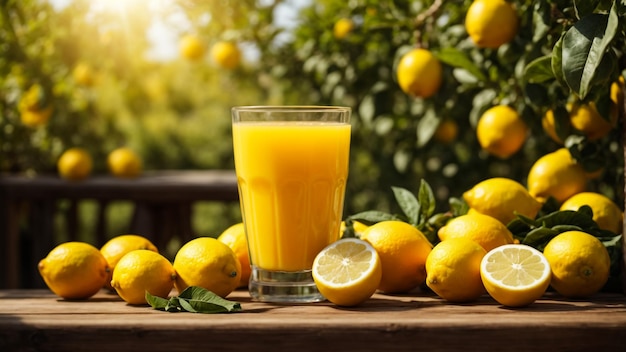 Glasses of fresh lemon juice on wooden table