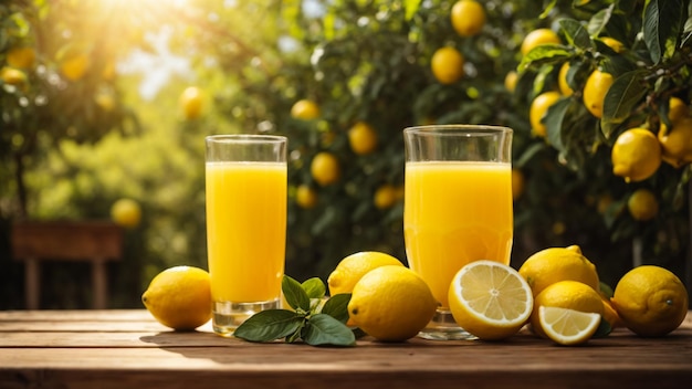 Glasses of fresh lemon juice on wooden table