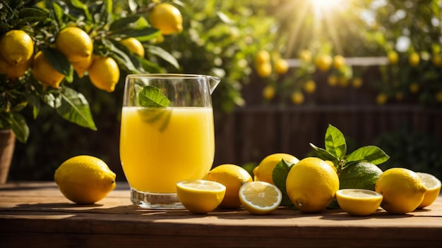 Glasses of fresh lemon juice on wooden table