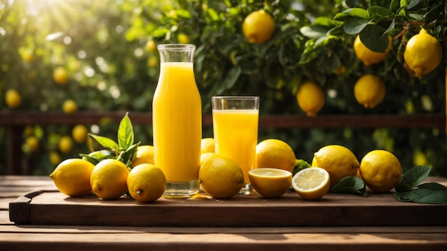 Glasses of fresh lemon juice on wooden table