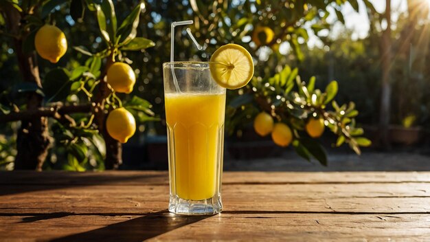 Glasses of fresh lemon juice on wooden table