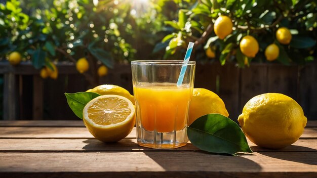 Glasses of fresh lemon juice on wooden table