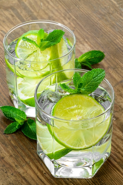 Glasses of fresh lemonade with mint leaves