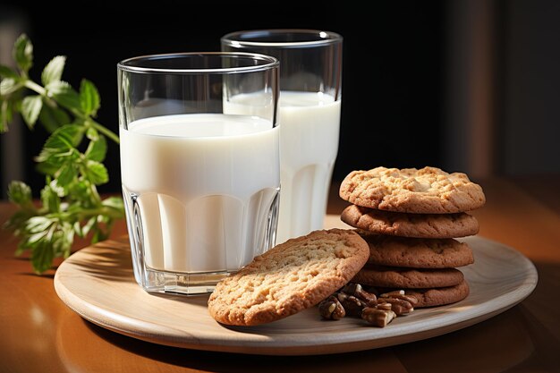 Glasses of fresh milk with homemade cookies nearby