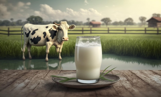 Glasses and fresh milk on a wooden table with cows on a meadow generative AI