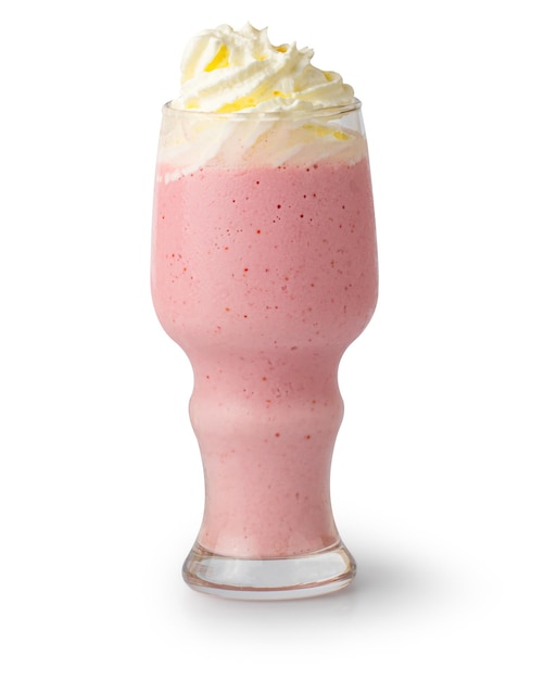 Glasses of fresh strawberry smoothie covered with whipped cream isolated on white background with Clipping Path