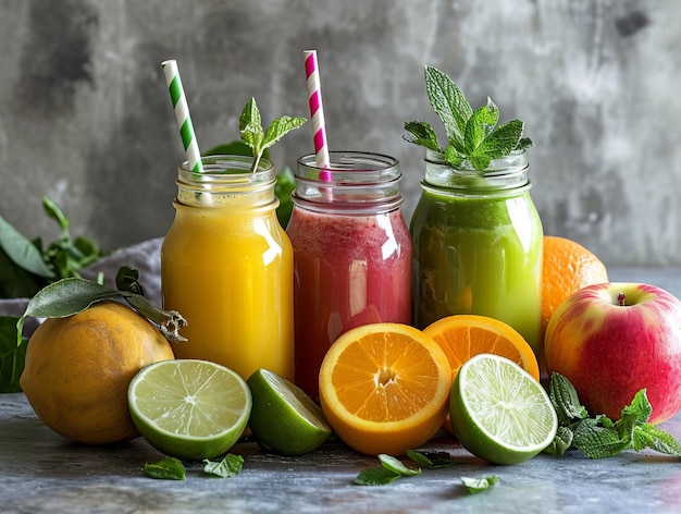 Photo glasses of freshly squeezed fruit juice surrounded by a variety of fruits and vegetables