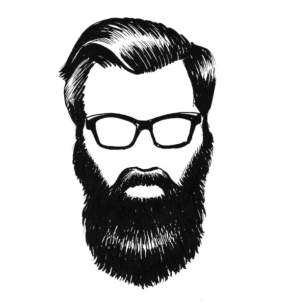 Glasses, haircut and beard. Ink black and white drawing