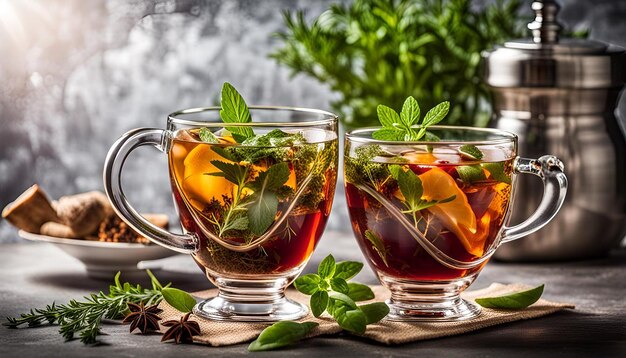 Photo glasses of hot herbal infusions with fresh herbs