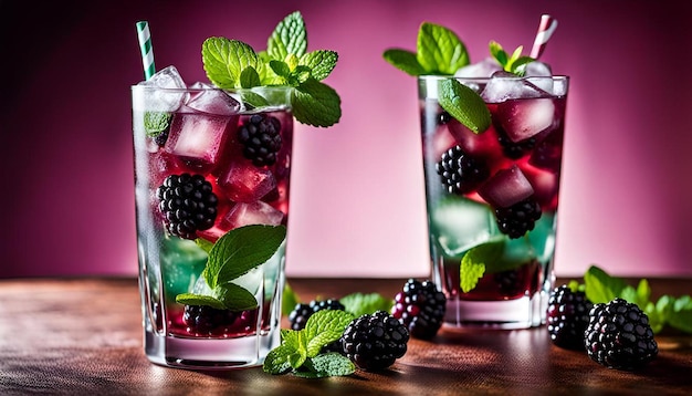 Glasses of iced blackberry mojitos with blackberry and mint garnish