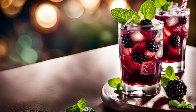 Glasses of iced blackberry mojitos with blackberry and mint garnish