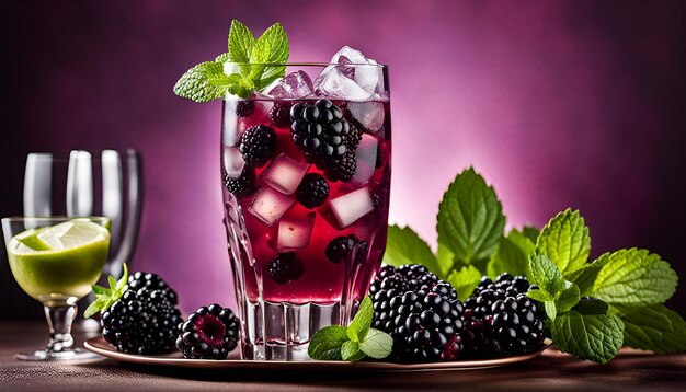 Glasses of iced blackberry mojitos with blackberry and mint garnish