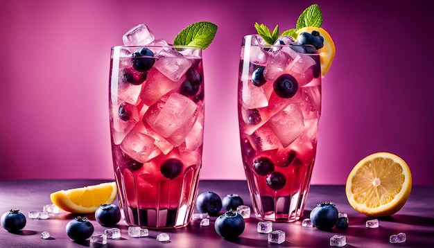 Glasses of iced blueberry lemonade with crushed ice and blueberry garnish