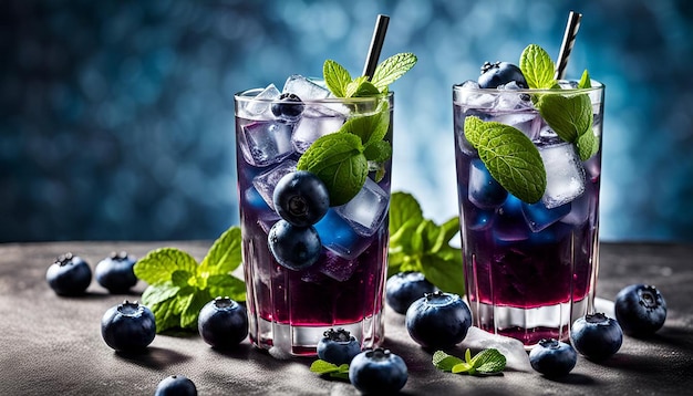 Glasses of iced blueberry mojitos with blueberry and mint garnish