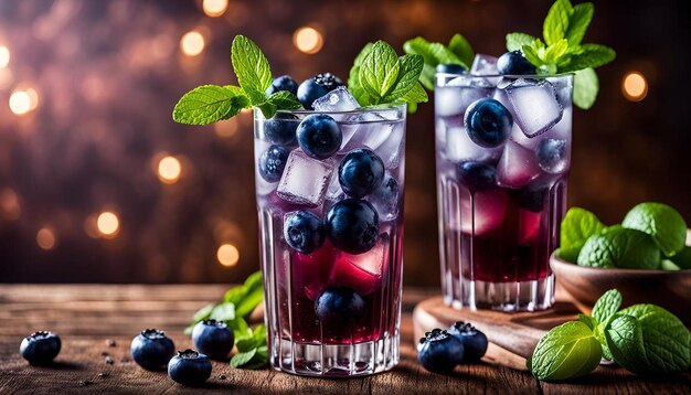 Glasses of iced blueberry mojitos with blueberry and mint garnish