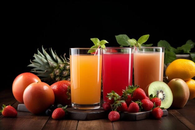 Glasses of juice with fresh fruits on grey wooden table