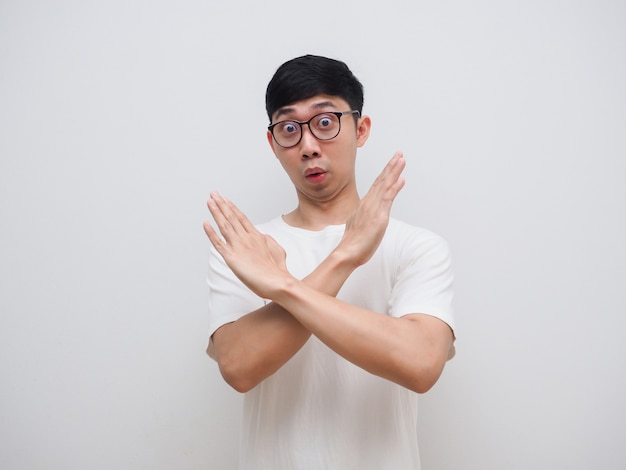 Glasses man say no and cross arms up white shirt look at camera on white isolated background