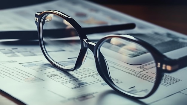 Glasses and notebook on the table in office closeupgenerative ai