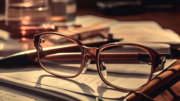 Glasses and notebook on the table in office closeupgenerative ai