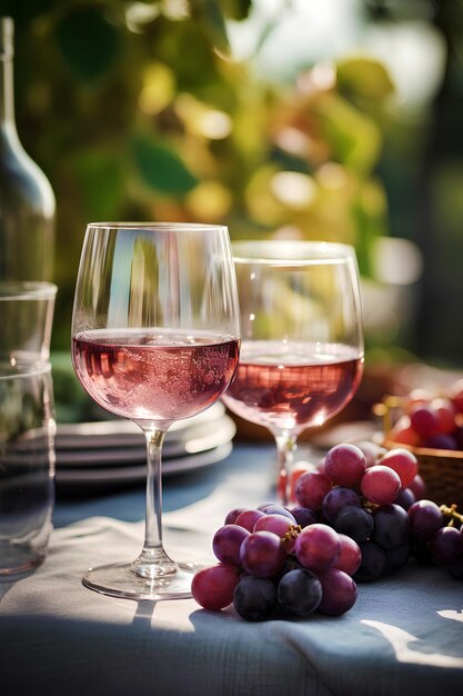 Glasses of pink wine and grapes served outdoors on the table on blurred natural background