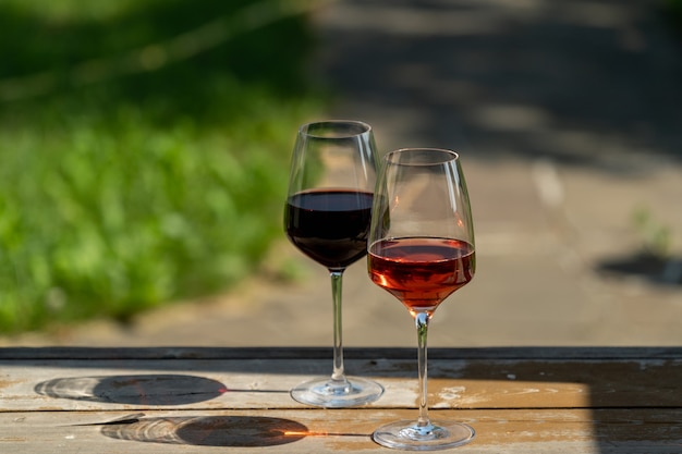 Glasses of red and pink wine with shadows over green garden background.