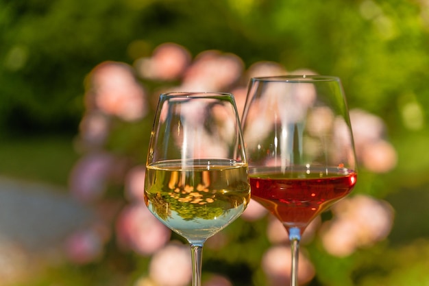 A glasses of red and white wine against outdoor garden background