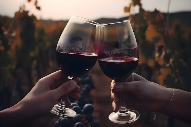 Glasses of red wine in human hands on the background of the vineyard Generative AI 2