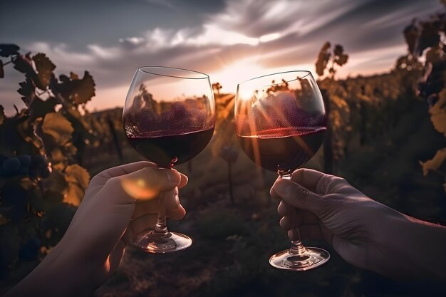 Glasses of red wine in human hands on the background of the vineyard Generative AI 3