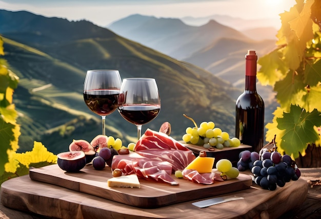 Glasses of red wine prosciutto jamon picnic on the table Against the background of the mountain