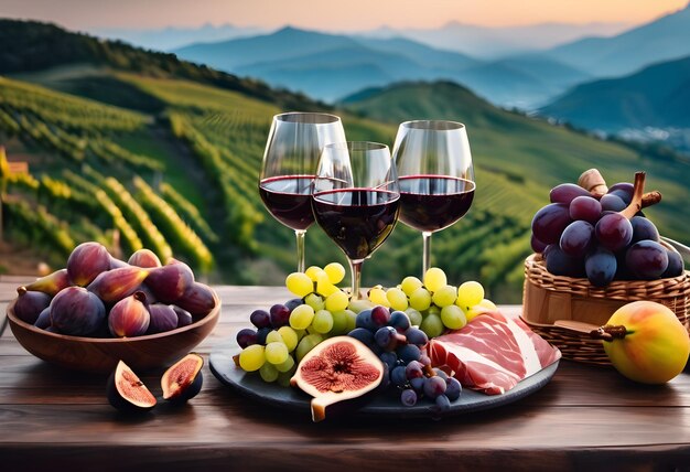 Glasses of red wine prosciutto jamon picnic on the table Against the background of the mountain