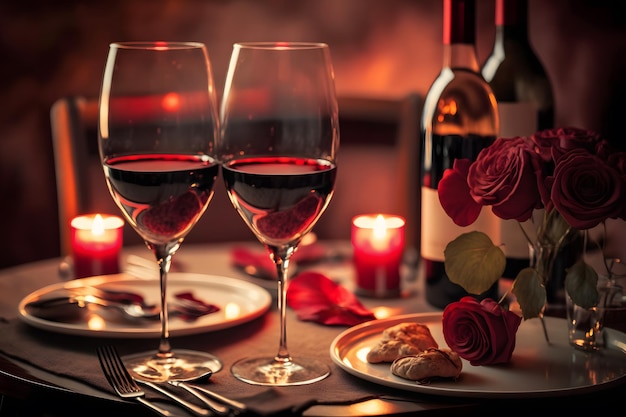 Glasses of red wine in a restaurant romantic dinner Neural network AI generated