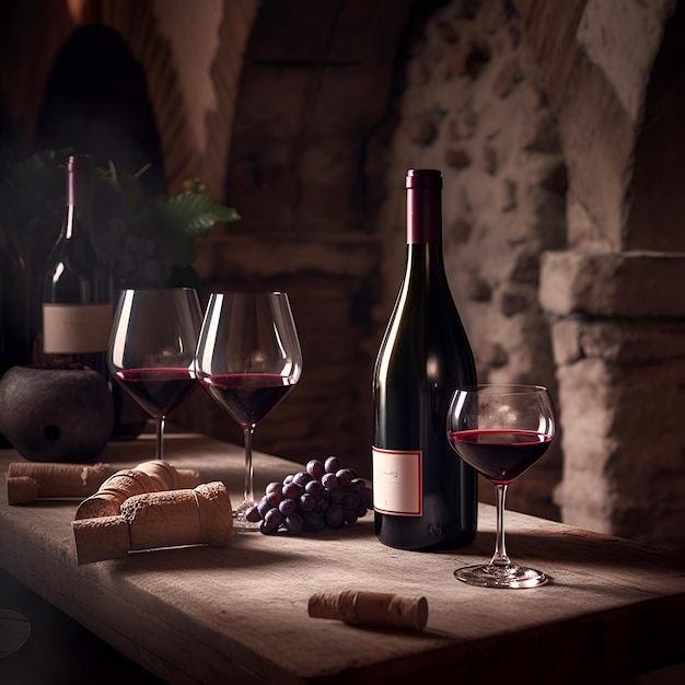 Glasses of red wine on wooden table on dark masonry background in winery cellar AI generated