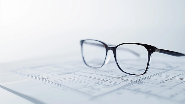 Glasses resting on architectural blueprint plans with soft lighting