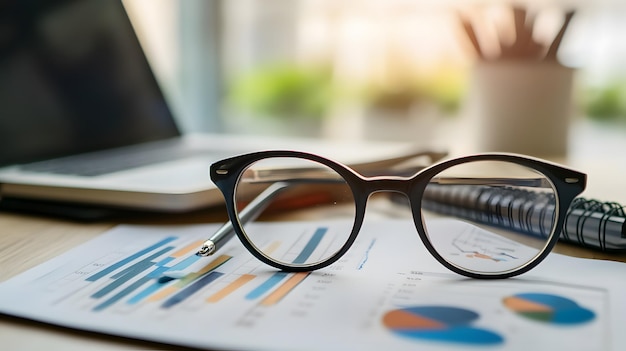 Glasses Resting on Financial Charts and a Laptop