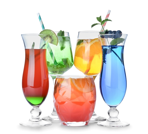 Glasses of tasty summer cocktails isolated