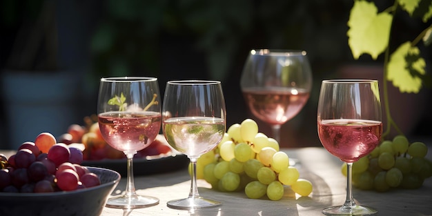 Glasses of various types of wine and grapes served outdoors on the table