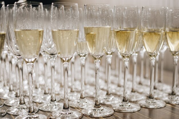 glasses of white sparkling wine at a wedding