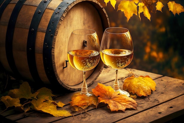 Glasses of white wine in autumn against backdrop of wooden wine barrel and fallen leaves